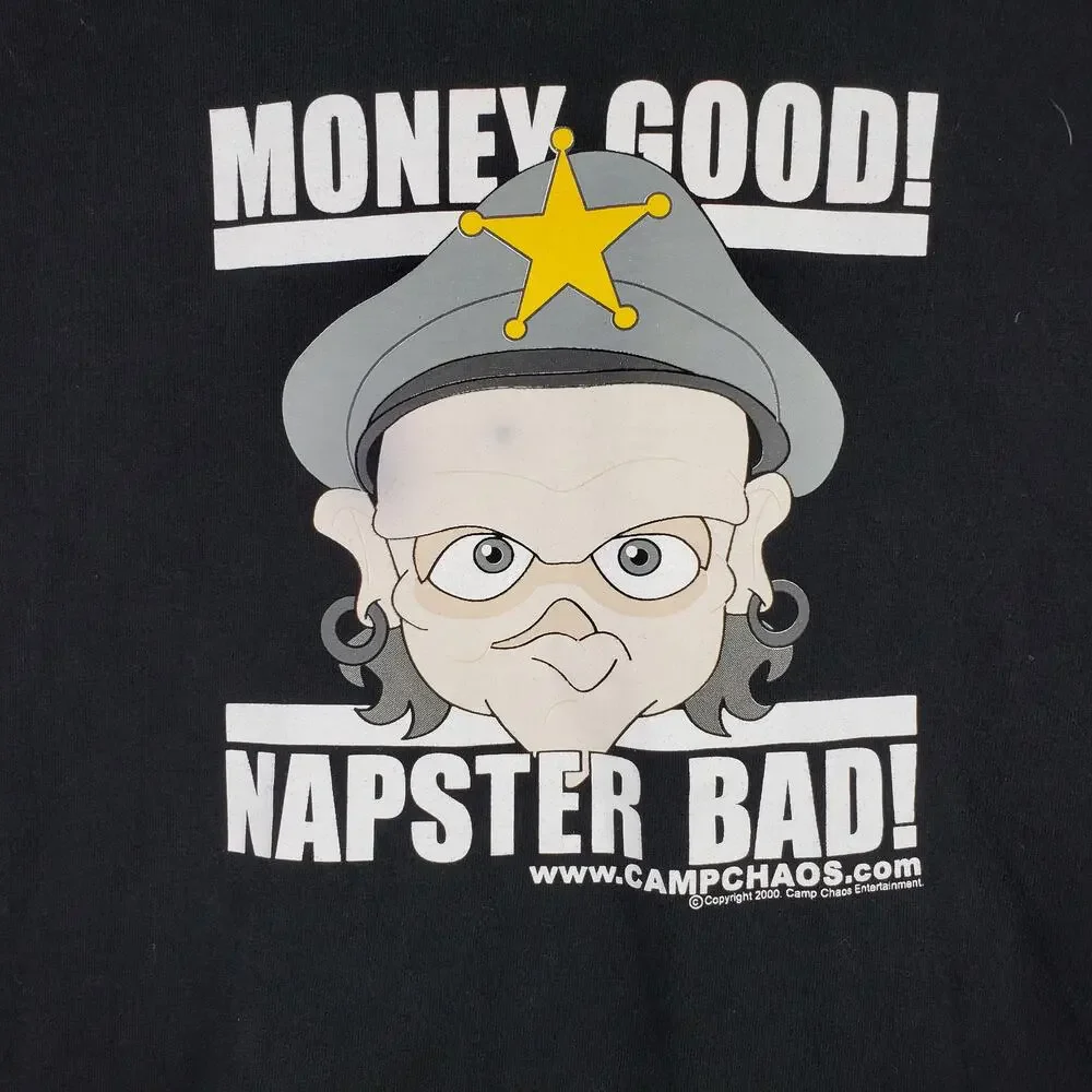 Y2K Campus Chaos Black Graphic Tee Money Good Napster Bad Cop Humor 2000 Size XL - Picture 2 of 8